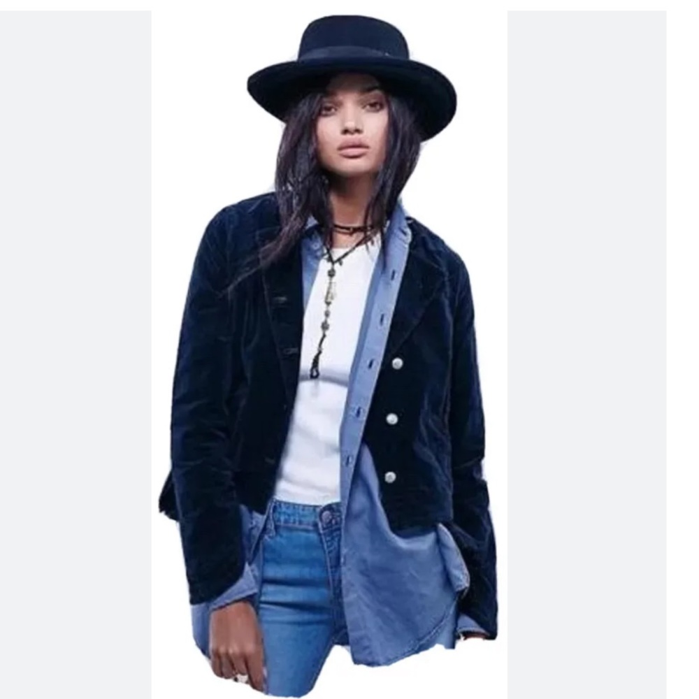 FREE PEOPLE Velvet Military Blazer Ruffle Hem Jacket